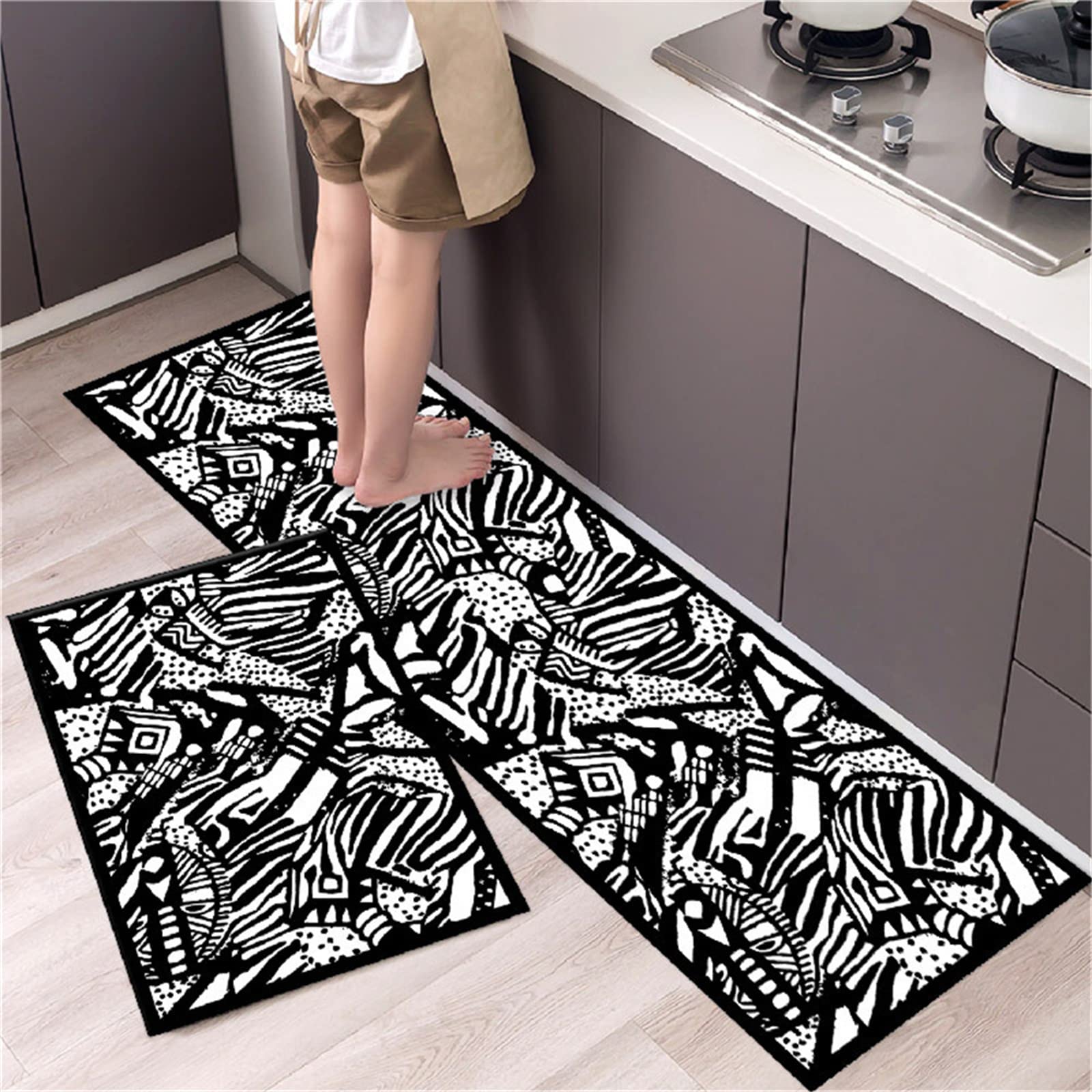 Juego de 2 Alfombras Cocina Antideslizantes Lavable a Máquina Alfombrillas Antifatiga Cómodas Alfombras de Pasillo Alfombrilla de Piso Exterior Interior con Trasera Goma(Blanco negro,50x80cm+50x120cm)