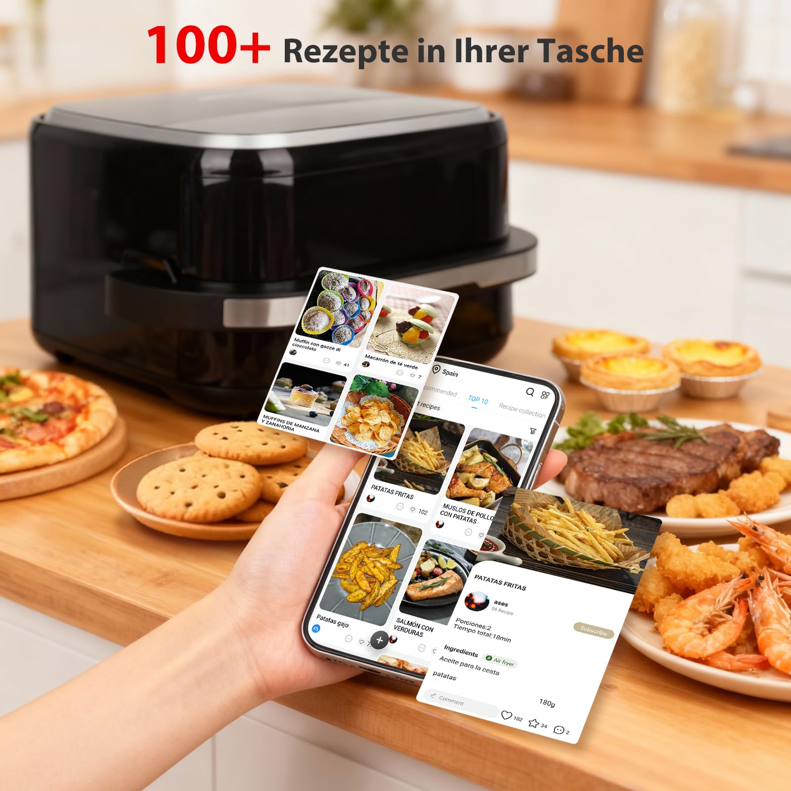 Aigostar Heißluftfritteuse mit XL 745 cm² Garfläche (27.3 * 27.3cm), leiser Extra-Crisp Technologie, Pizzafunktion, Doppelheizung, Sichtfenster, 11 Programmen, Touchscreen, Metall-Innenraum, Schwarz
