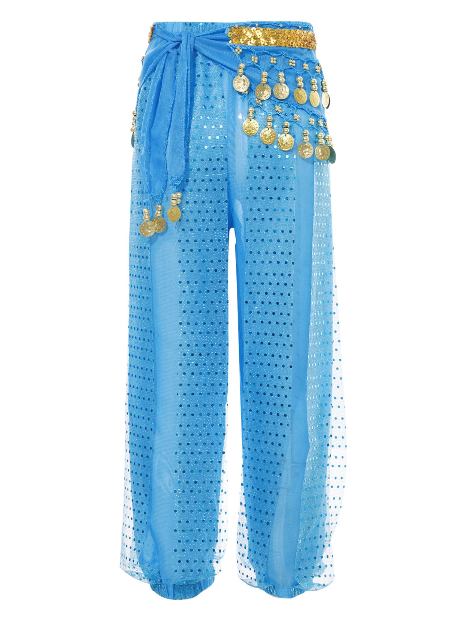 inlzdz Pantalón Bombacho con Monedas para Niñas Pantalones De Gasa Brillante Cintura Elástica Pantalones De Harén De Baile Latino De Yoga