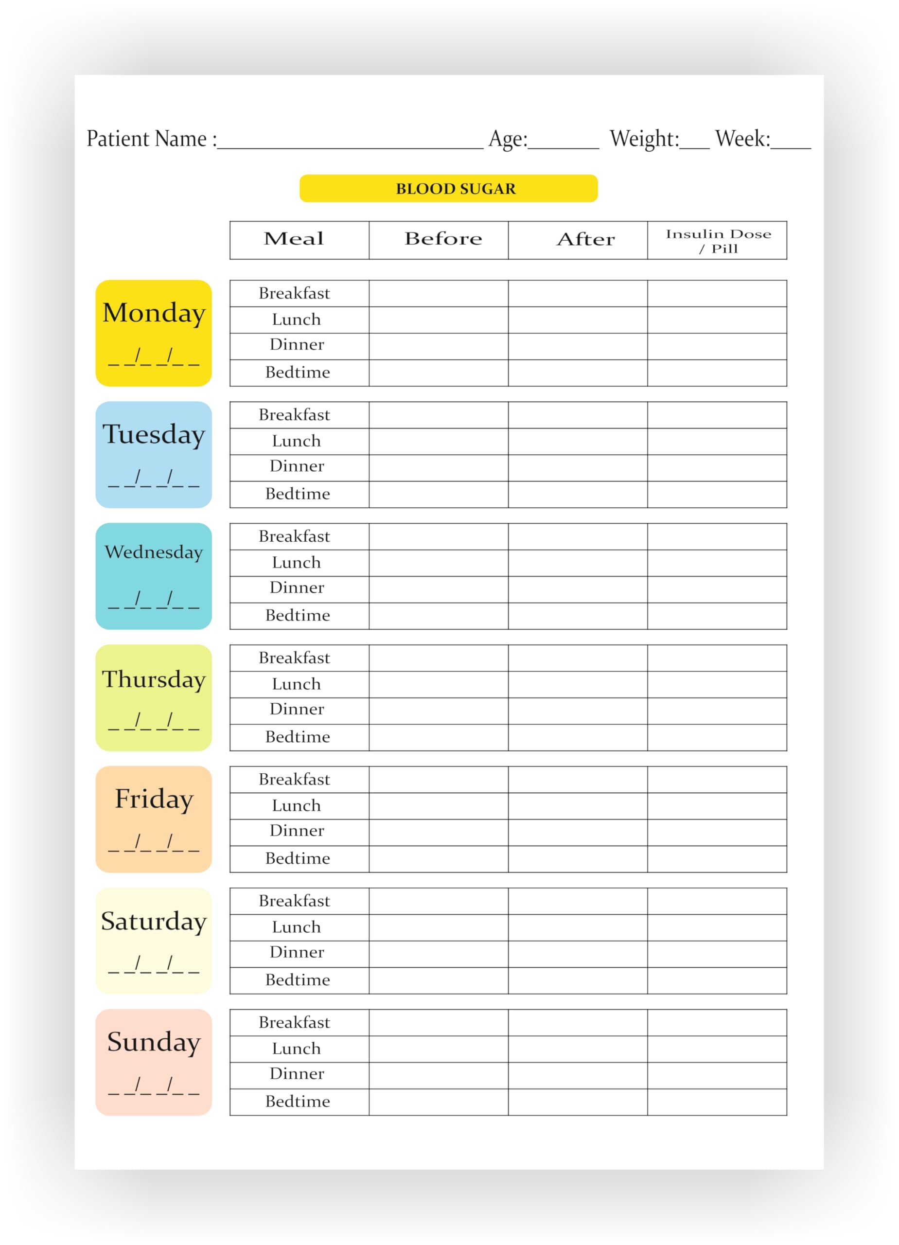 Blood Sugar Log Sheet: Weekly Blood Sugar Sheet, Enough For 13 Weeks or 3 Months, Daily Diabetic Glucose Tracker Journal, 4 Time Before-After (Breakfast, Lunch, Dinner, Bedtime) Size - 6.5 Inch X 9.5 Inch-image-13