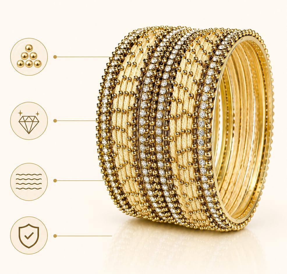 Image of NMII Non-Precious Metal with Base Metal and Zircon Gemstone Studded Ball Chain Linked Glossy Finished Silk thread Bangle set for Women and Girls