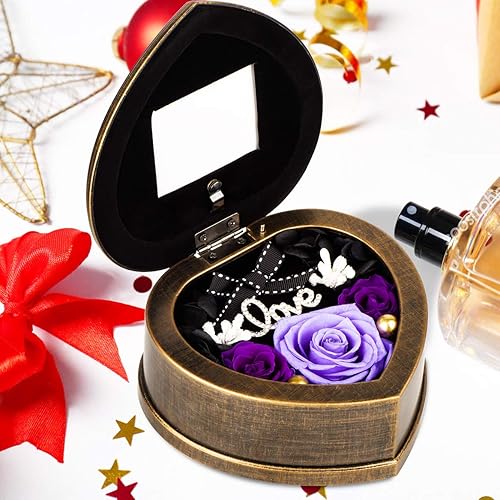 Miniatura 7 de Flor preservada hecha a mano, rosa púrpura real en caja musical con marco de fotos, regalo de flores reales de larga duración para el Día de la