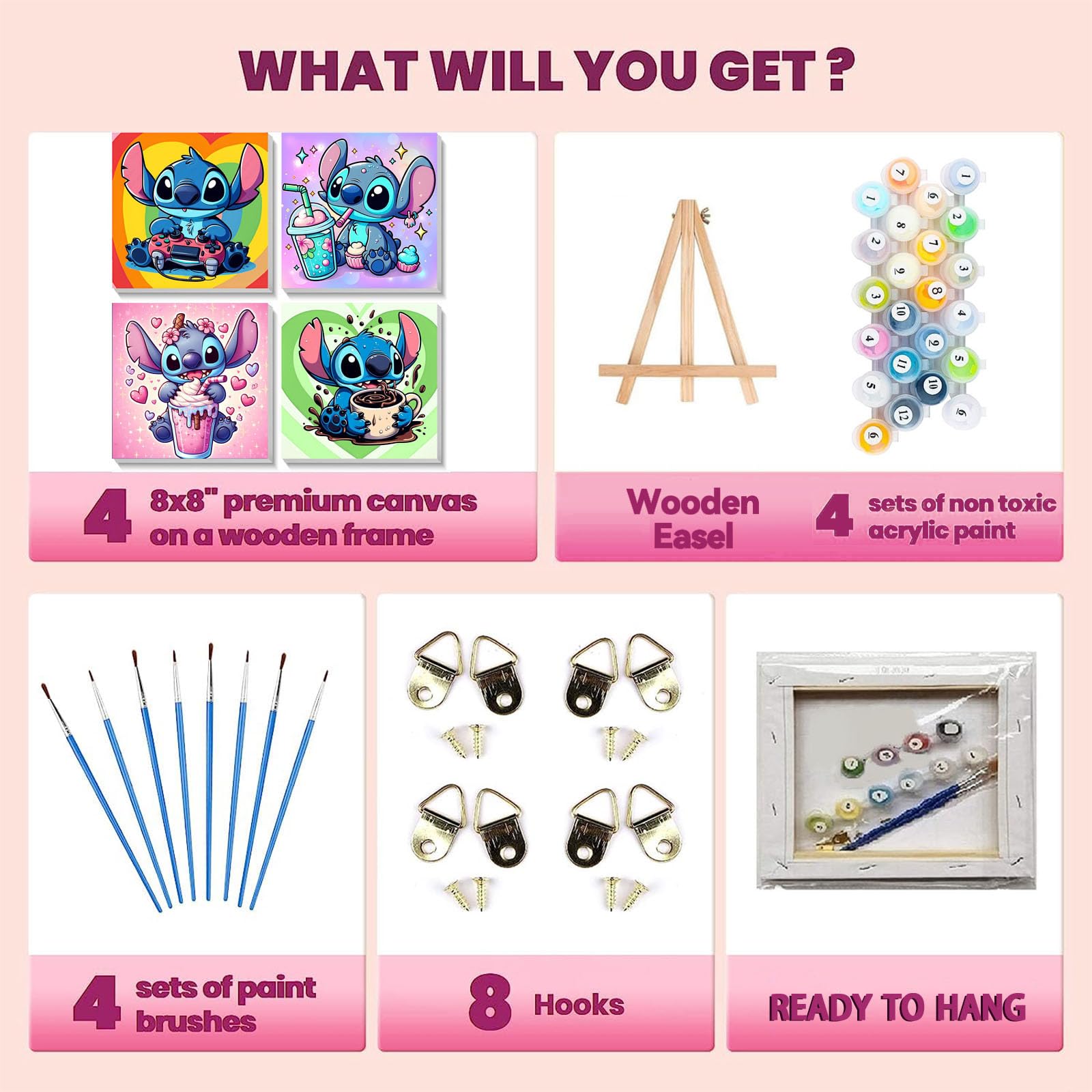 KOJEFCV 4 Pack Cartoon Paint by Numbers for Kids with Framed Canvas-with Wooden Easel, Paint by Number for Kids Ages 4-8-12, DIY Easy Acrylic Oil Painting Kits for Home Wall Decor (8X8inch)