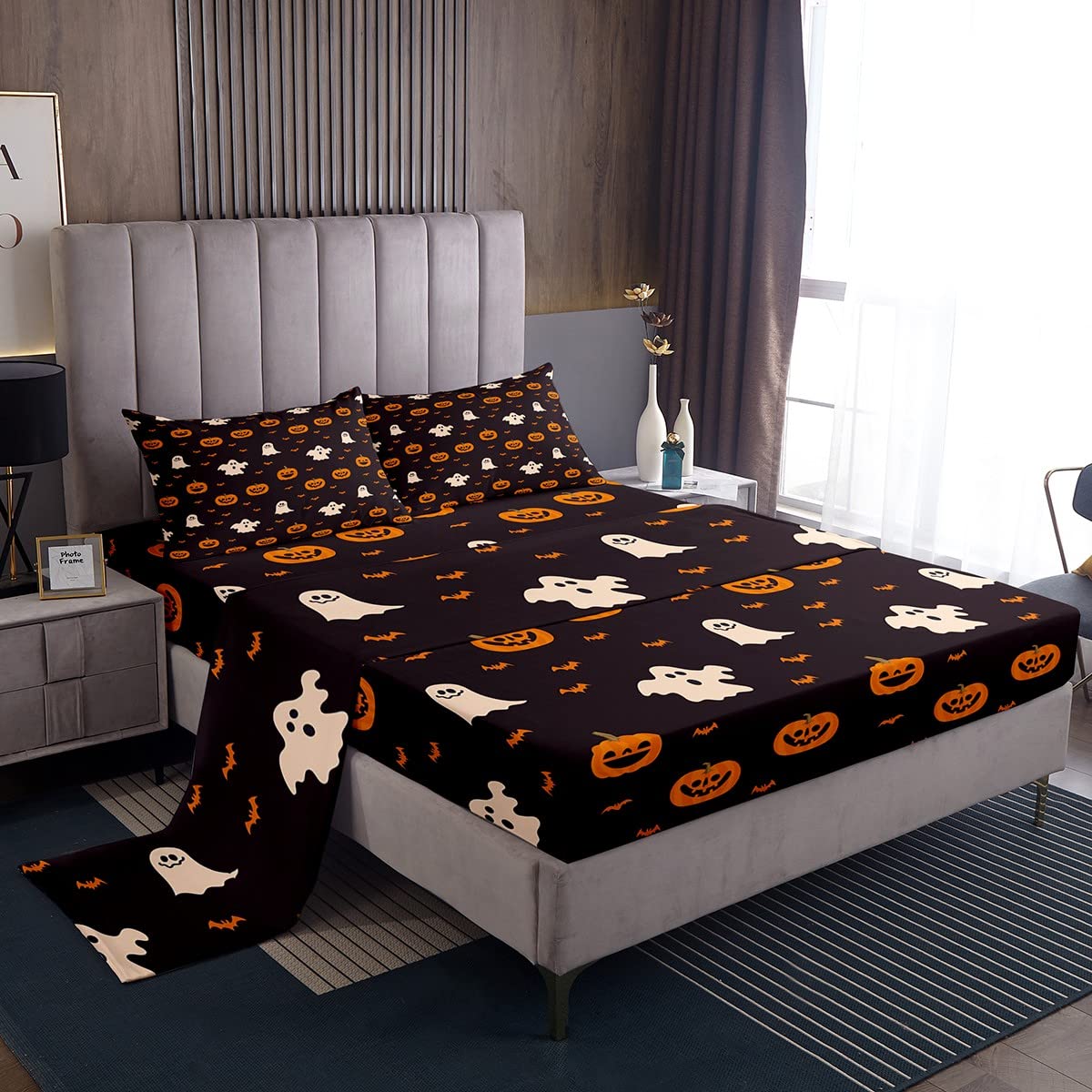 jejeloiuPumpkin Lantern Sheet Set Full Size Kids Halloween Sheets with Deep Pocket Fitted Sheet for Boys Girls Teens Pumpkin Lantern Bed Sheets Set Breathable Ghost Bedding Set Bat Bed SetOEKO-TEX STANDARD 100