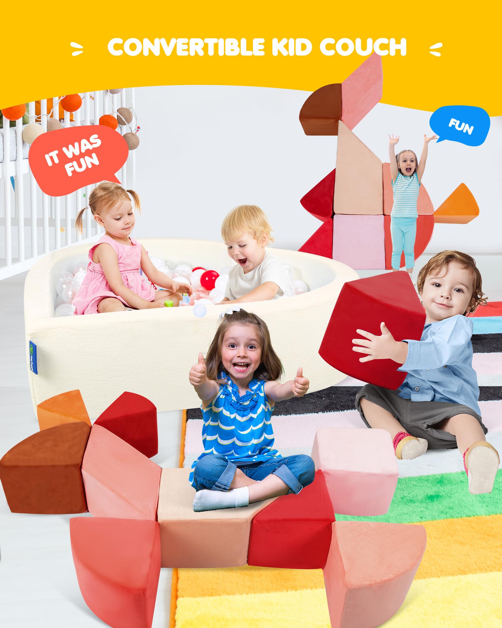Heypappy Canapé Modulaire pour Enfants,2-en-1 Forme Cœur avec Piscine à Balles Unique - Canapé Enfant de Jeu Tangram pour Salle de Jeux - Inspire la Créativité