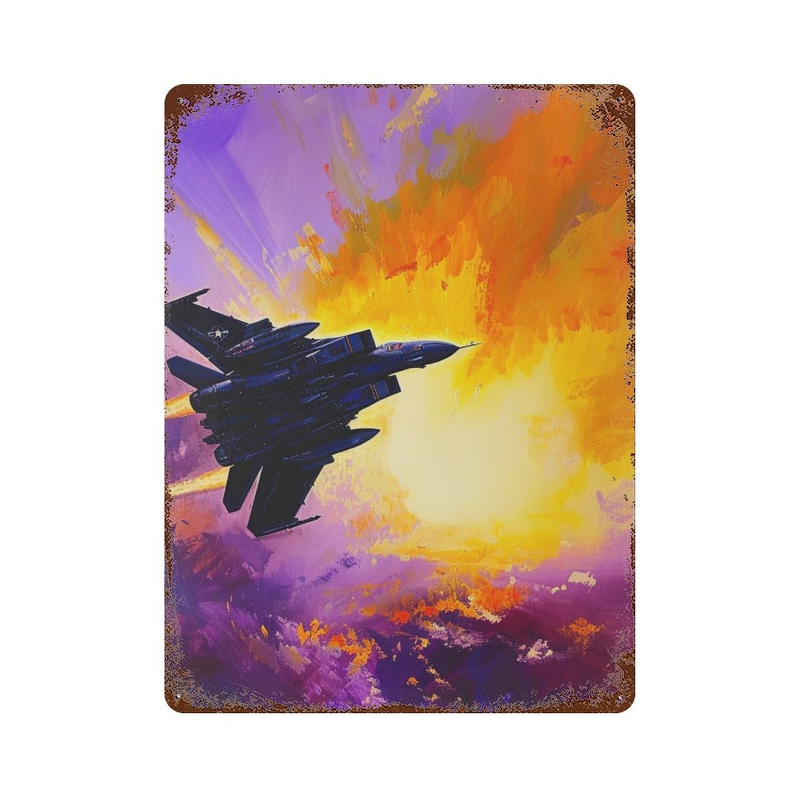 Jet Fighter Sunset Painting 15.7"x11.8" Weathered Tin Sign, Shabby Chic Decor for Farmhouse, Kitchen And Entryway Decor