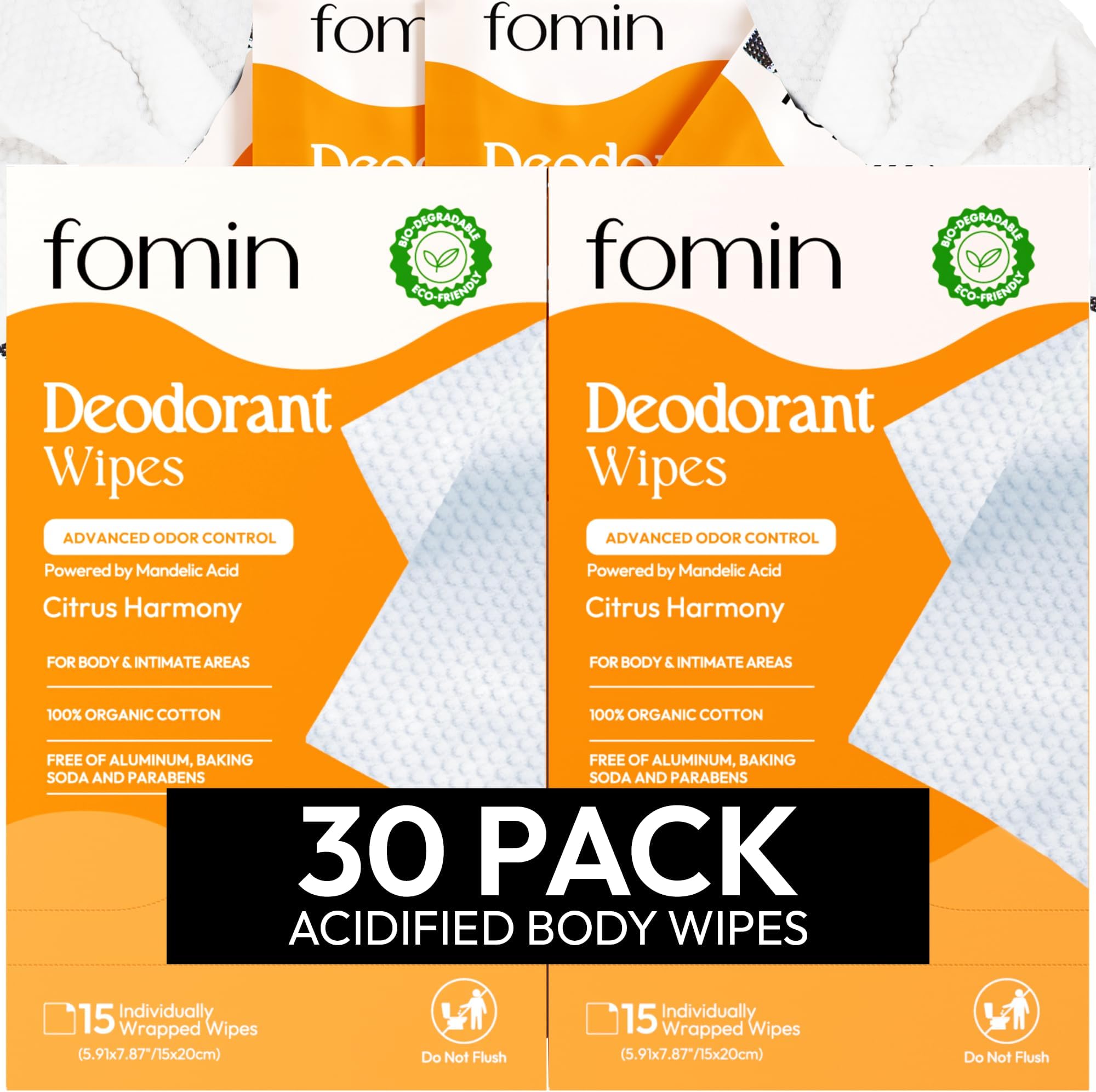 FOMIN Acidified Travel Deodorant Wipes For Women & Men - 30 Count - Citrus Harmony - pH Balanced, Mini Deodorant Travel Size Wipes - Plastic-Free, Individually Wrapped Underarm Body Wipes