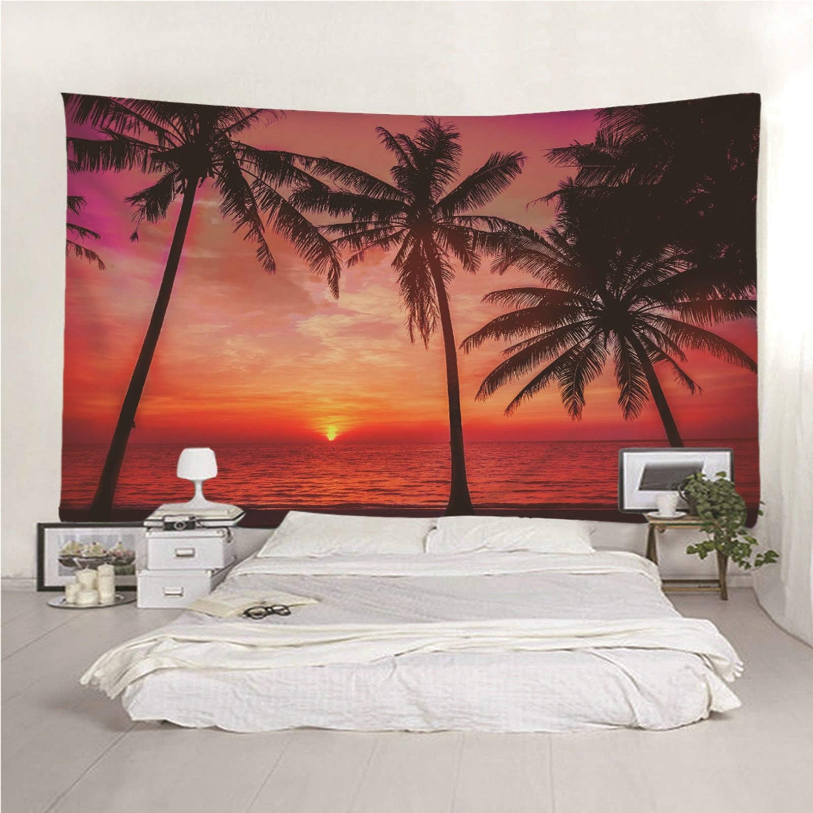 Aeici Tela Pared Playa, Tapiz Techo Tapiz Árbol de Coco de Sunset Beach- Naranja Negro, 300x260CM