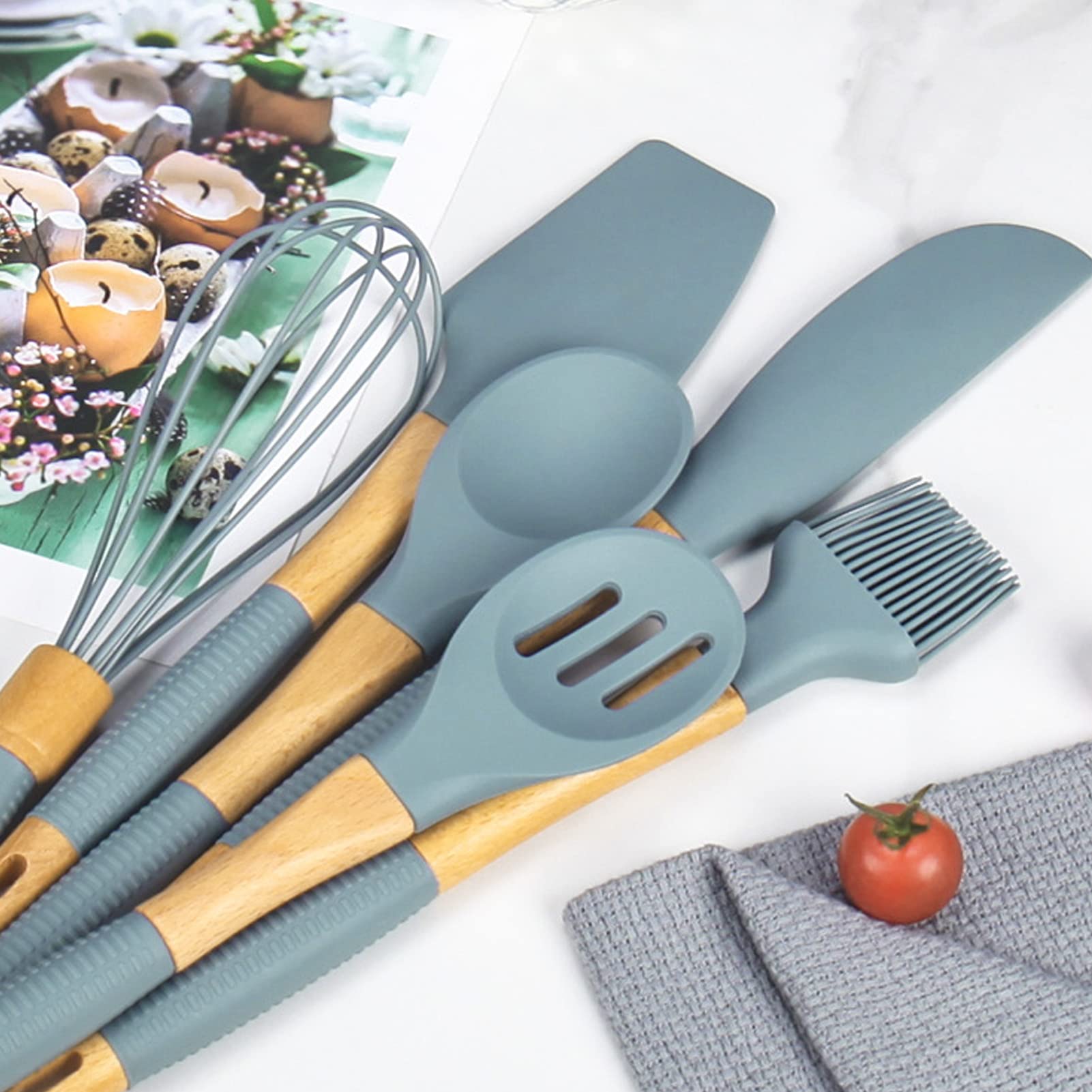 Ensemble d'ustensiles de cuisine en silicone, ensemble de 6 spatules d'ustensiles de cuisine avec manche en bois, ustensiles de cuisine, gadgets de cuisine pour la pâtisserie au