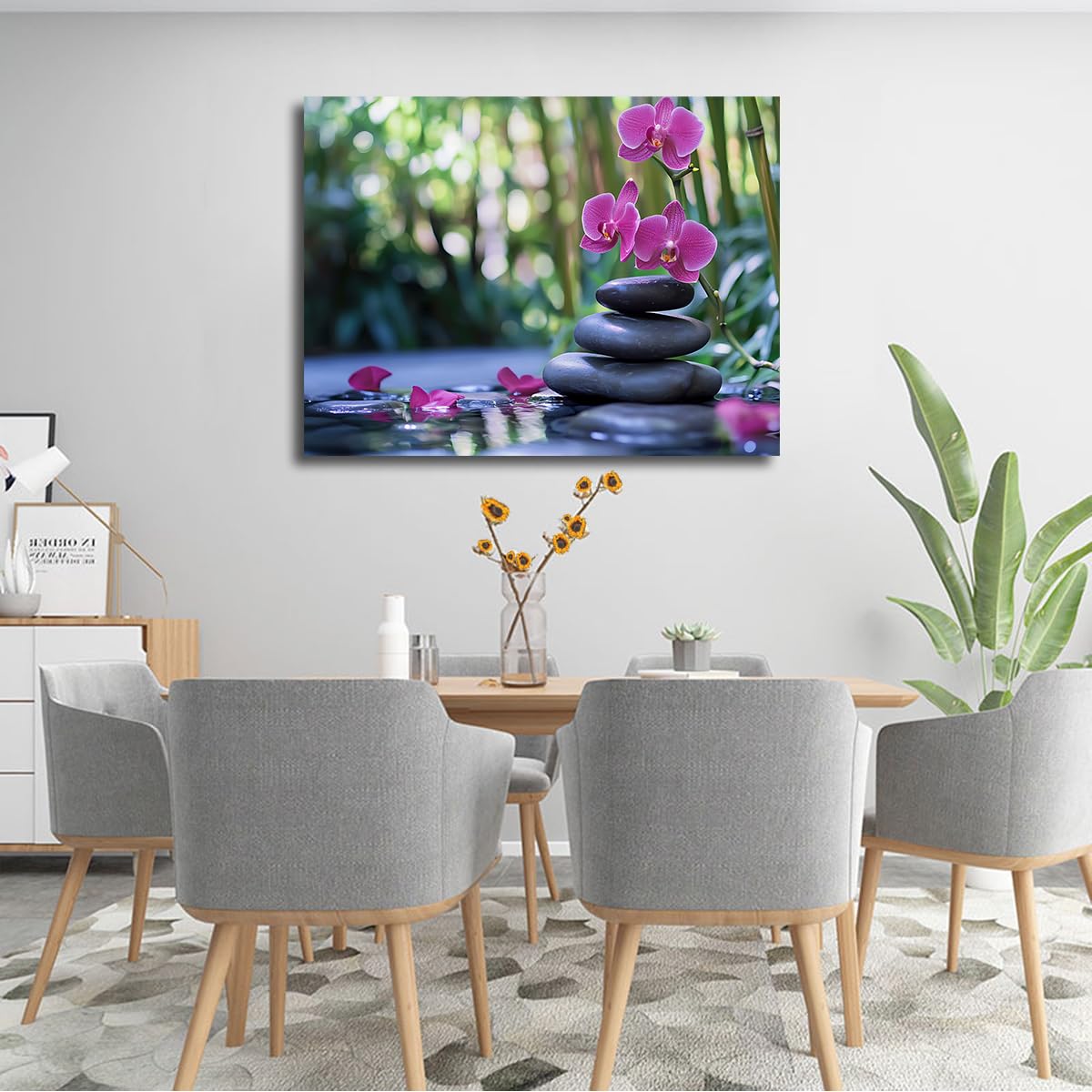 TOANGWALL Malarstwo Płótno Orchidea Fioletowy Ułożone Kamienie Zen Plakat Las Bambus Tropikalny Obraz Wellness Spa Wall Art Salon Sypialnia Łazienka Hotel Natura Spokój Dekoracja 70x85cm