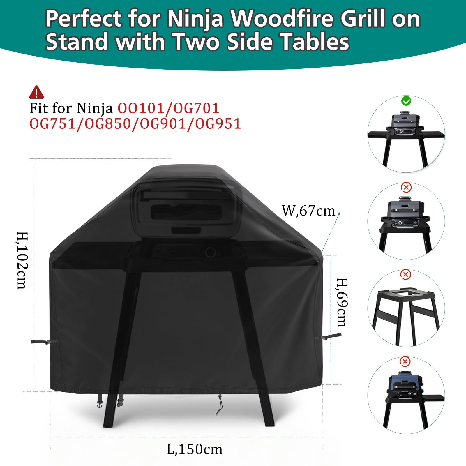 Funda impermeable para barbacoa de 150 x 67 x 102 cm para parrilla de fogata con mesas auxiliares 420D Protect para parrillas OO101/OG701/OG850/OG901 al aire libre