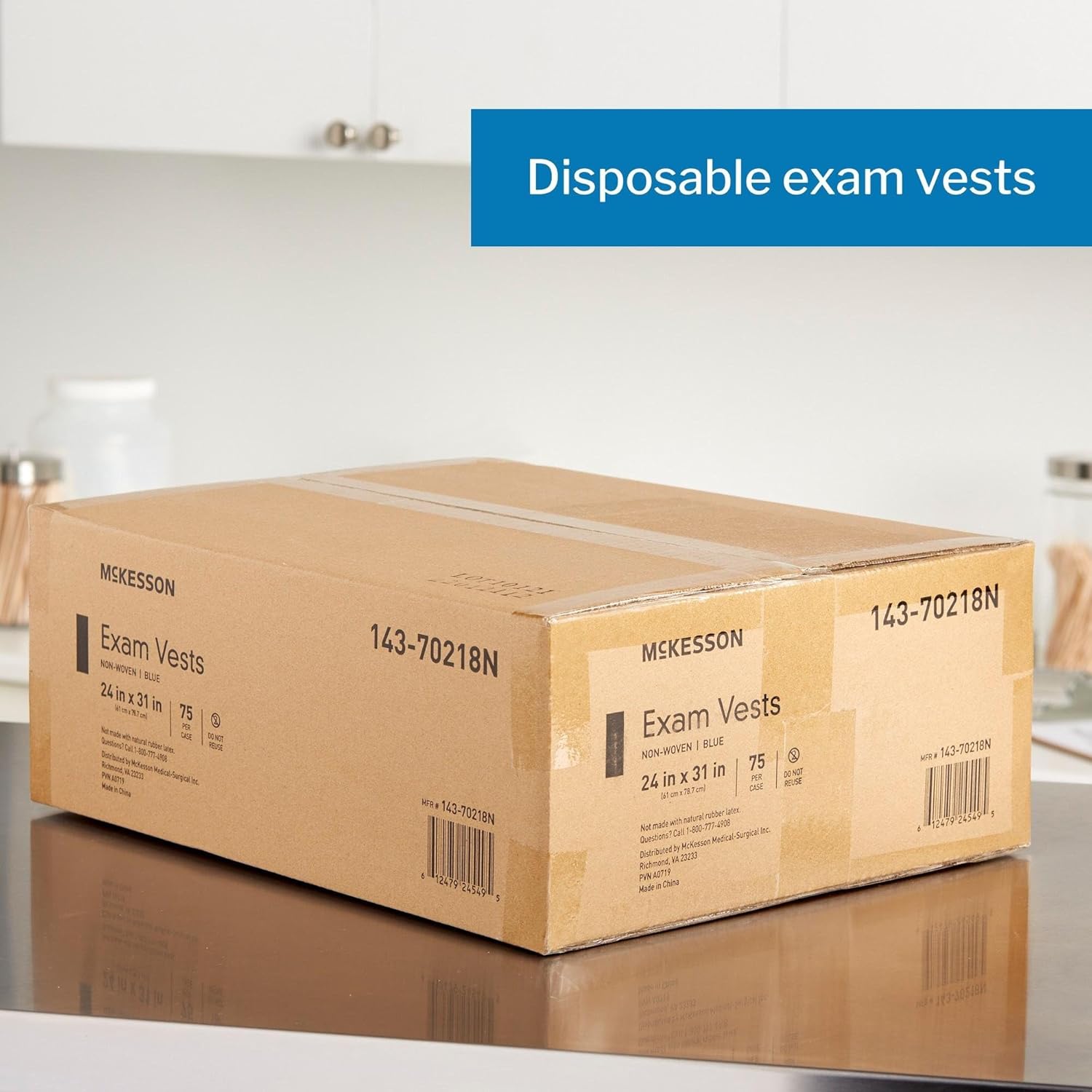 McKesson Exam Vest - Non-Woven, Snap Closure, Unisex, Disposable Medical Examination Protection - Blue, One Size Fits Most, 24 in x 31 in, 75 Count