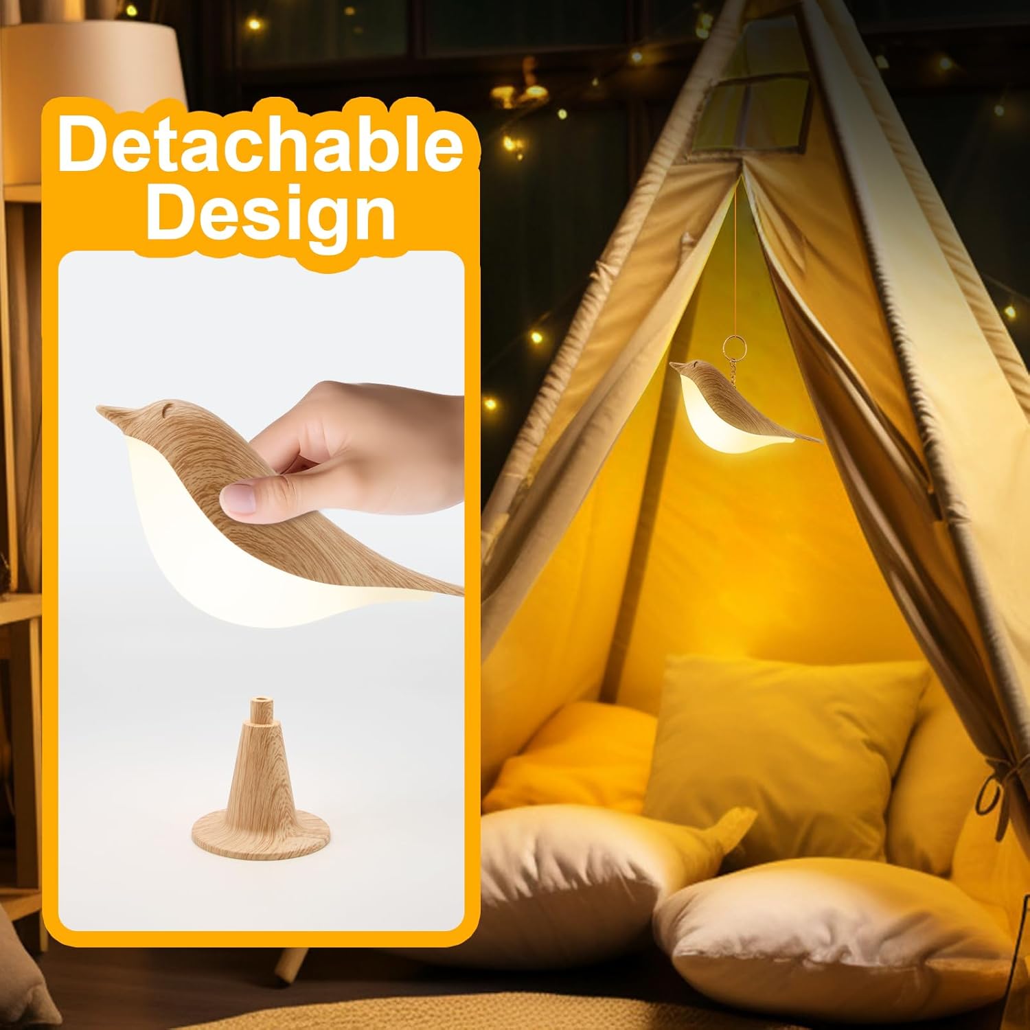 A hand detaching the bird lamp from its base, and the bird lamp hanging inside a tent, demonstrating its detachable design.