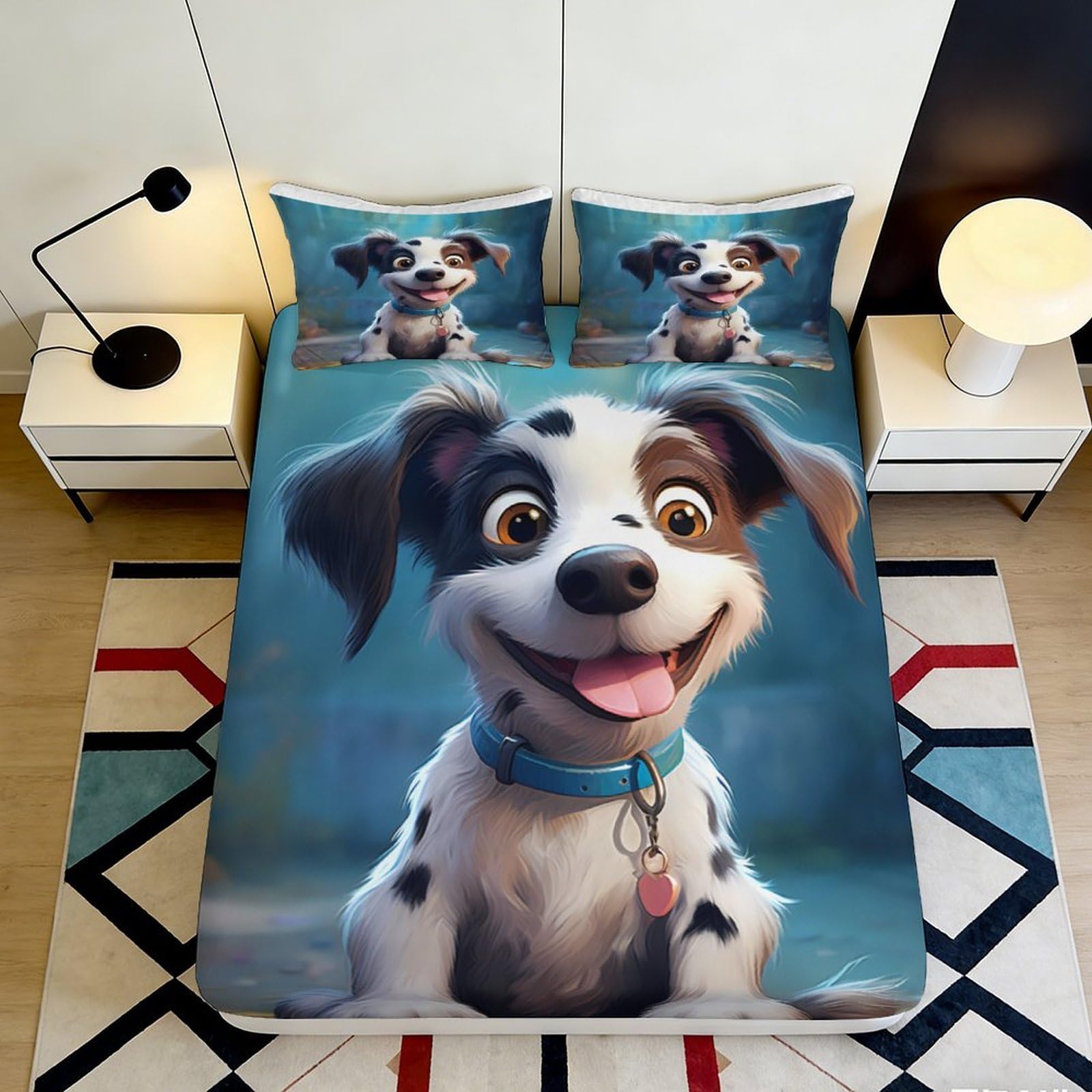 3D Printed Cartoon Puppy Fitted Sheet Microfiber Soft Anti-Slip Dog Pattern Bed Cover for Bedroom Guest Room Decor 200x200x25cm