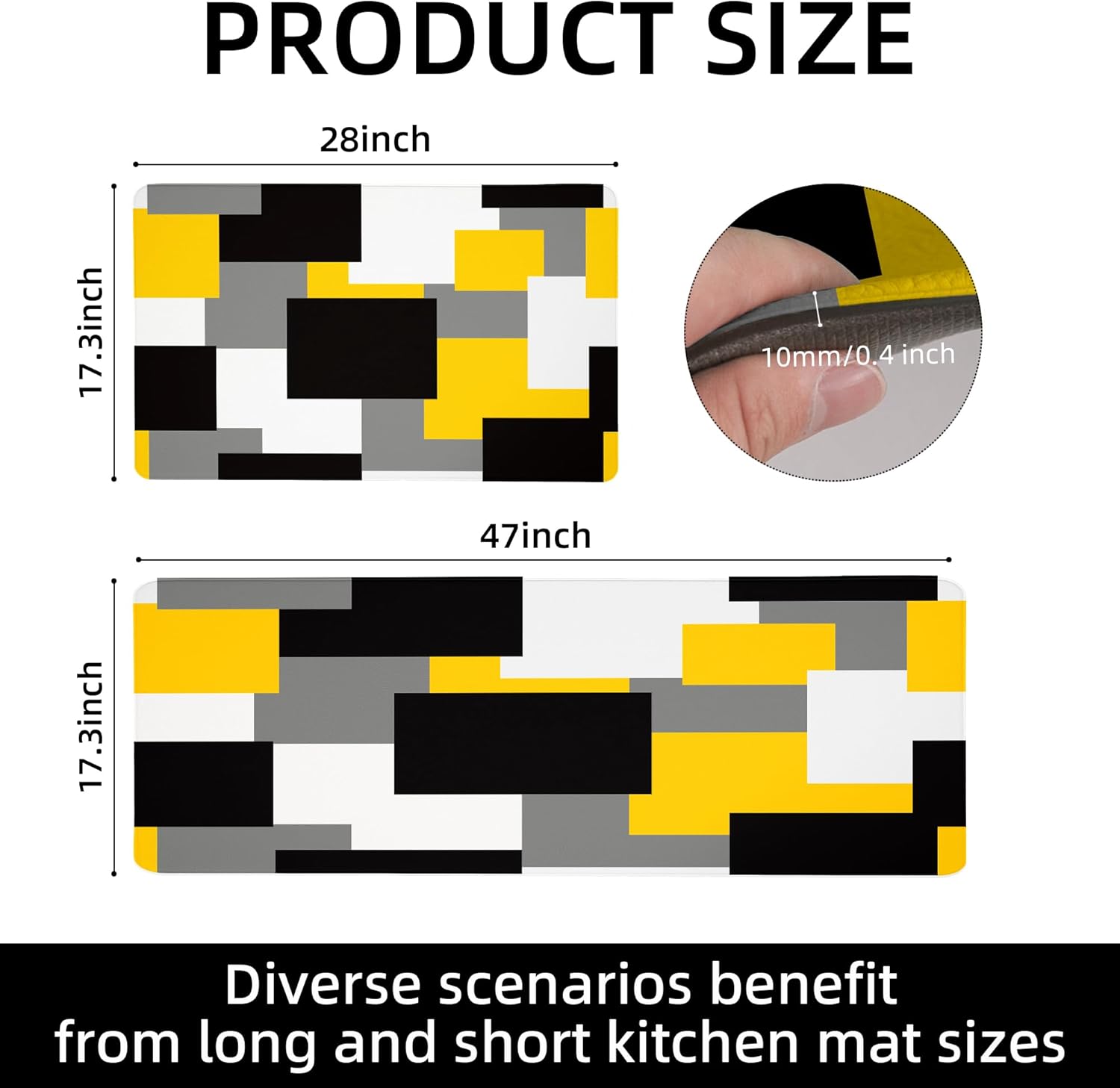 Yellow Grey Kitchen Rug Set of 2 Cushioned Anti Fatigue Kitchen Mats for Floor Non-Slip Waterproof Kitchen Floor Mats Geometric Ergonomic Cushioned Comfort Standing Mat for Laundry, Office, Sink