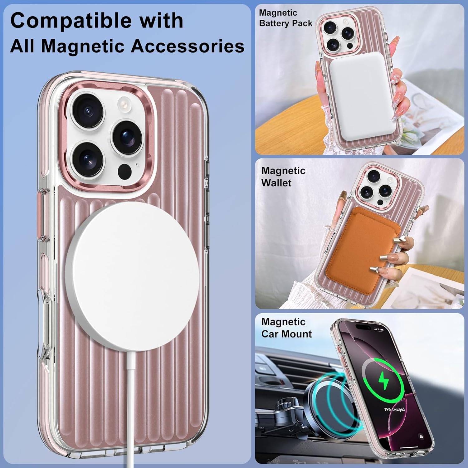 Magnetic Case for iPhone 16 Pro Case with Stand & 2X Screen Protector [Compatible with MagSafe] Military Grade Drop Protection Phone Cover with Ring Kickstand for Women Men, Pink Suitcase