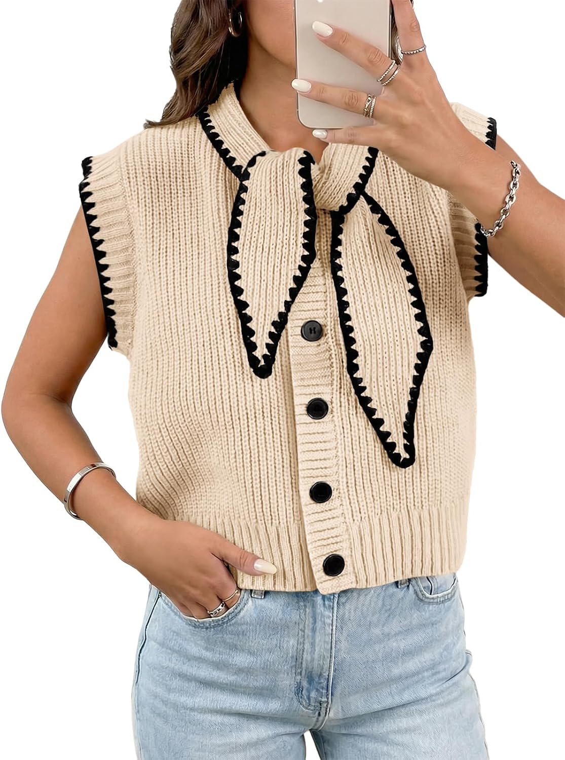 Saodimallsu Womens Sleeveless Sweater Vest Tie Front Color Block Button Down Summer Trendy Knit Tank Tops