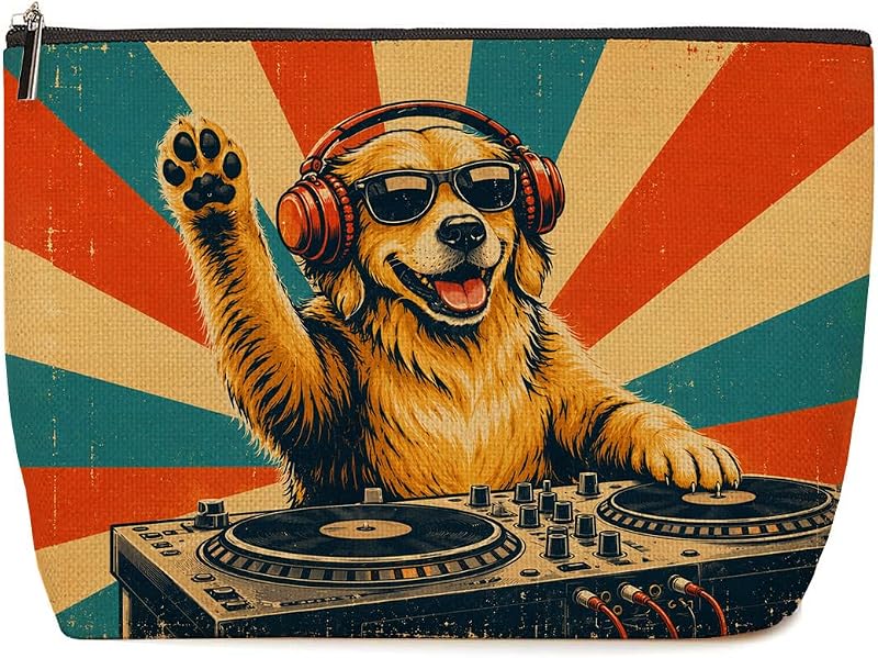 Necessaire de maquiagem Lovdazzles com estampa de cachorro DJ e fones, multicolorida 1803
