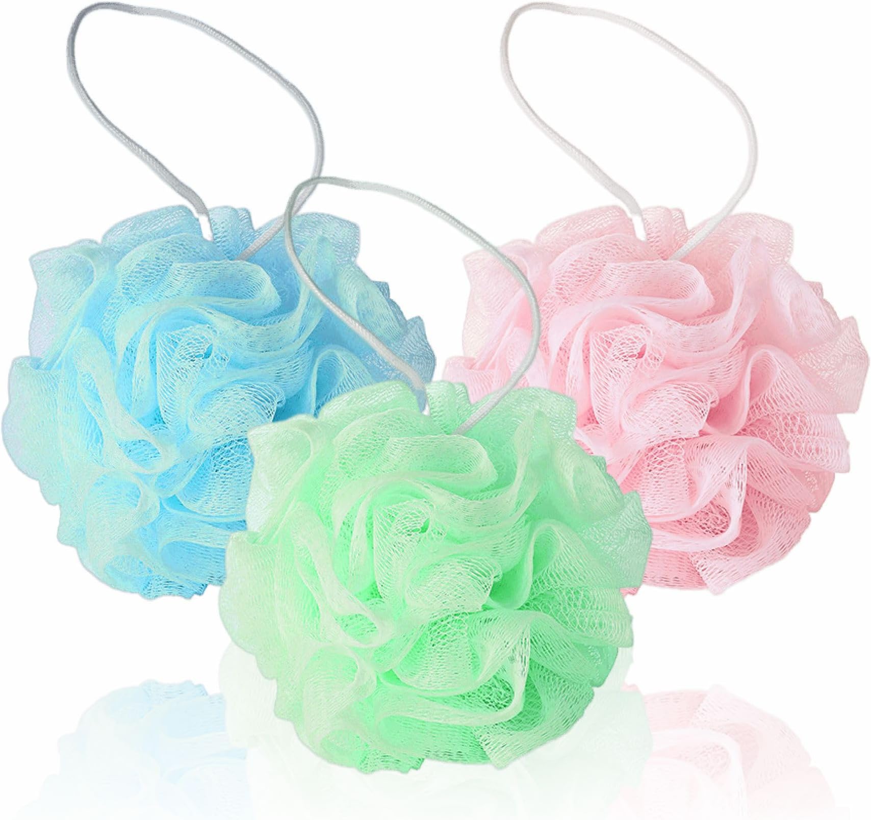 Shower Puff Loofah Soft Body Scrubber Bath Sponge Mesh Pouf Body Puff Sponges Soft Shower Scrunchie Pouf Exfoliating Bath Sponge for Women Men Assorted Colors (Pack of 3)
