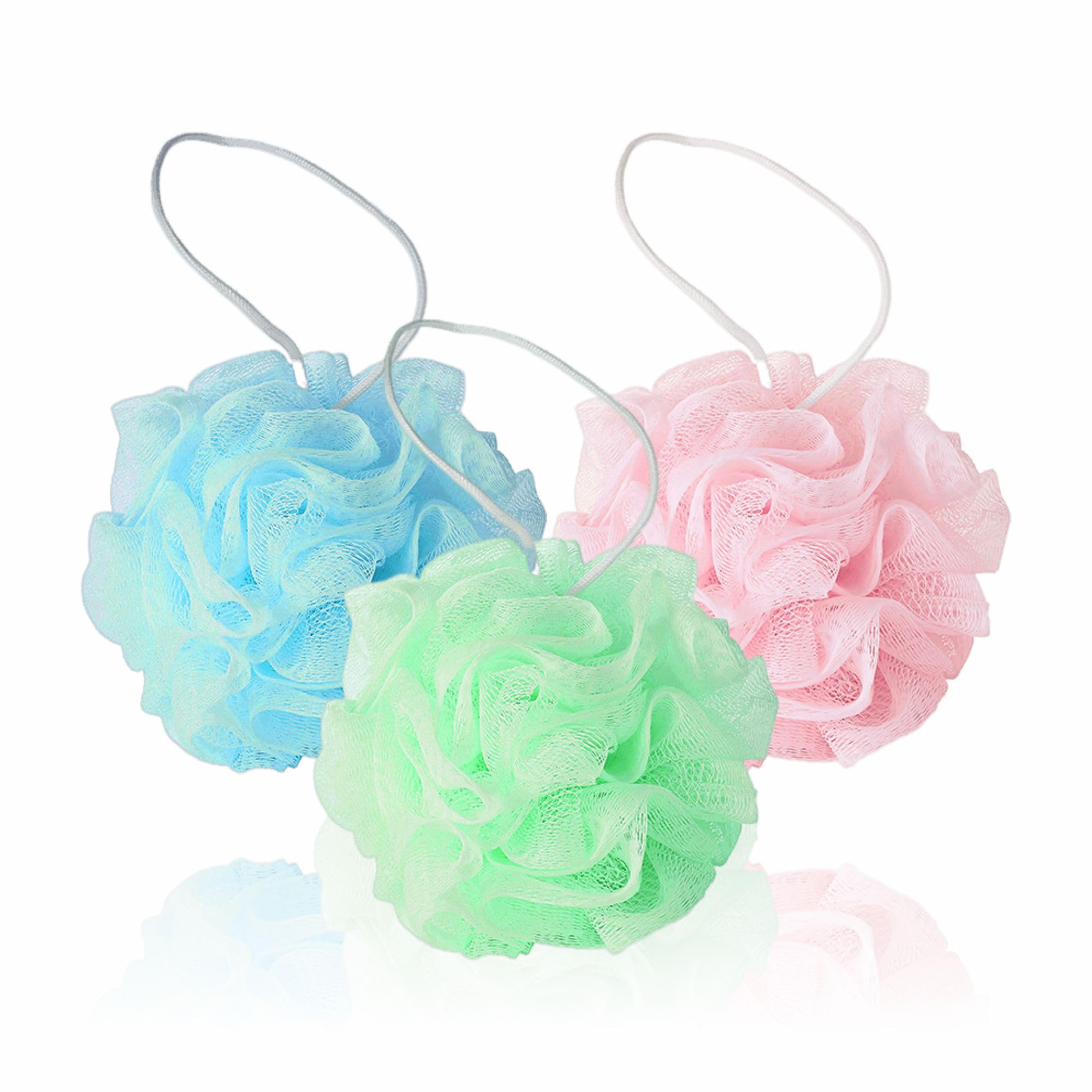 Shower Puff Loofah Soft Body Scrubber Bath Sponge Mesh Pouf Body Puff Sponges Soft Shower Scrunchie Pouf Exfoliating Bath Sponge for Women Men Assorted Colors (Pack of 3)