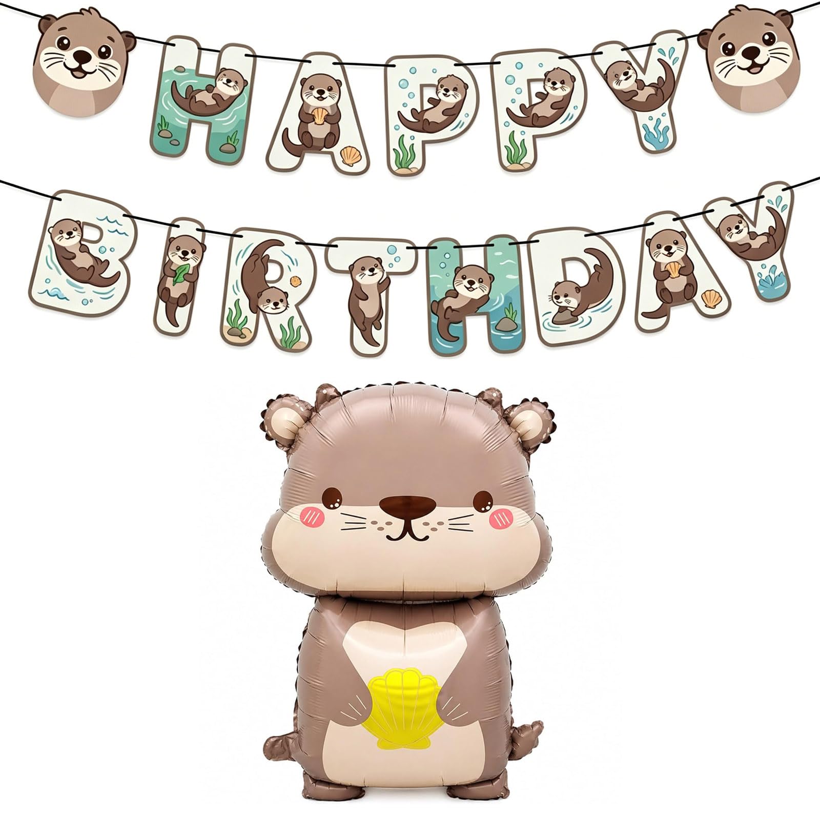 Ovanda Otter Birthday Decoration Set, Happy Birthday Garland and 68 x 40 cm Foil Balloon, Water Otter Balloon Set for Children's Birthday, Animal Party, Baby Shower, Photo Corner, Sweet Table and Room