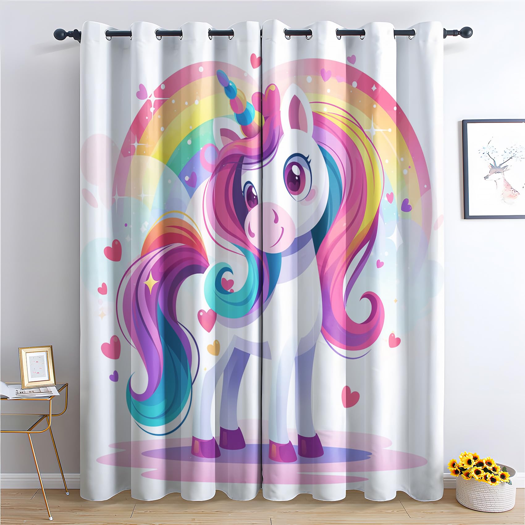 Rideau Occultant Licorne - Décoration Licorne, Rideau Thermique Motif Fille Arc en Ciel, Lot de 2 Rideaux Opaque à Oeillets pour Fenetre Chambre Salon Chambre Enfant, 140x220 cm (LxH) W#300