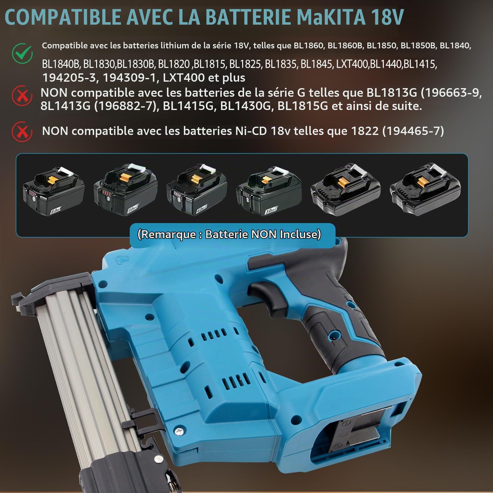 Agrafeuse-cloueuse améliorée 18GA à batterie, compatible avec batterie Makita 18V, agrafeuse-cloueuse électrique sans balais avec 1000 clous et 1000 agrafes pour le bricolage, DIY et travail du bois