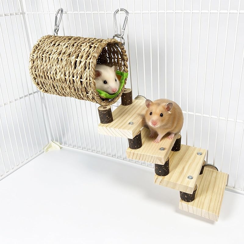 Rede para Hamster com Escada de Madeira e Hammock de Bambu Hamiledyi, 19,05 x 10,16 x 19,05 cm