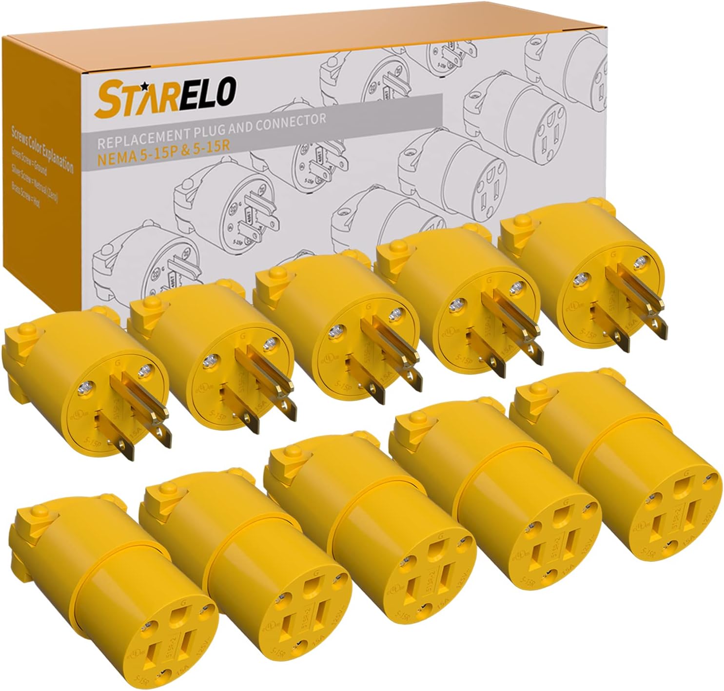 STARELO Extension Cord Ends,Electrical Replacement Plug & Connector Set Yellow Shell 125V 15A 2Pole 3Wire NEMA 5-15P & 5-15R Industrial Grade 3-Prong Straight Blade Grounding Type(5),UL Listed.