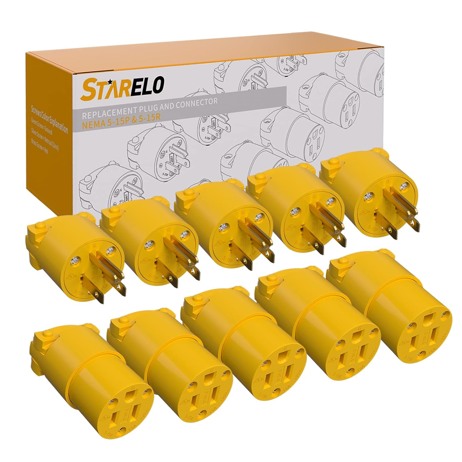 STARELO Extension Cord Ends Plug and Connector NEMA 5-15P & 5-15R Yellow Shell 2Pole 3Wire Straight Blade Plug Grounding Type 15A 125V.5SET
