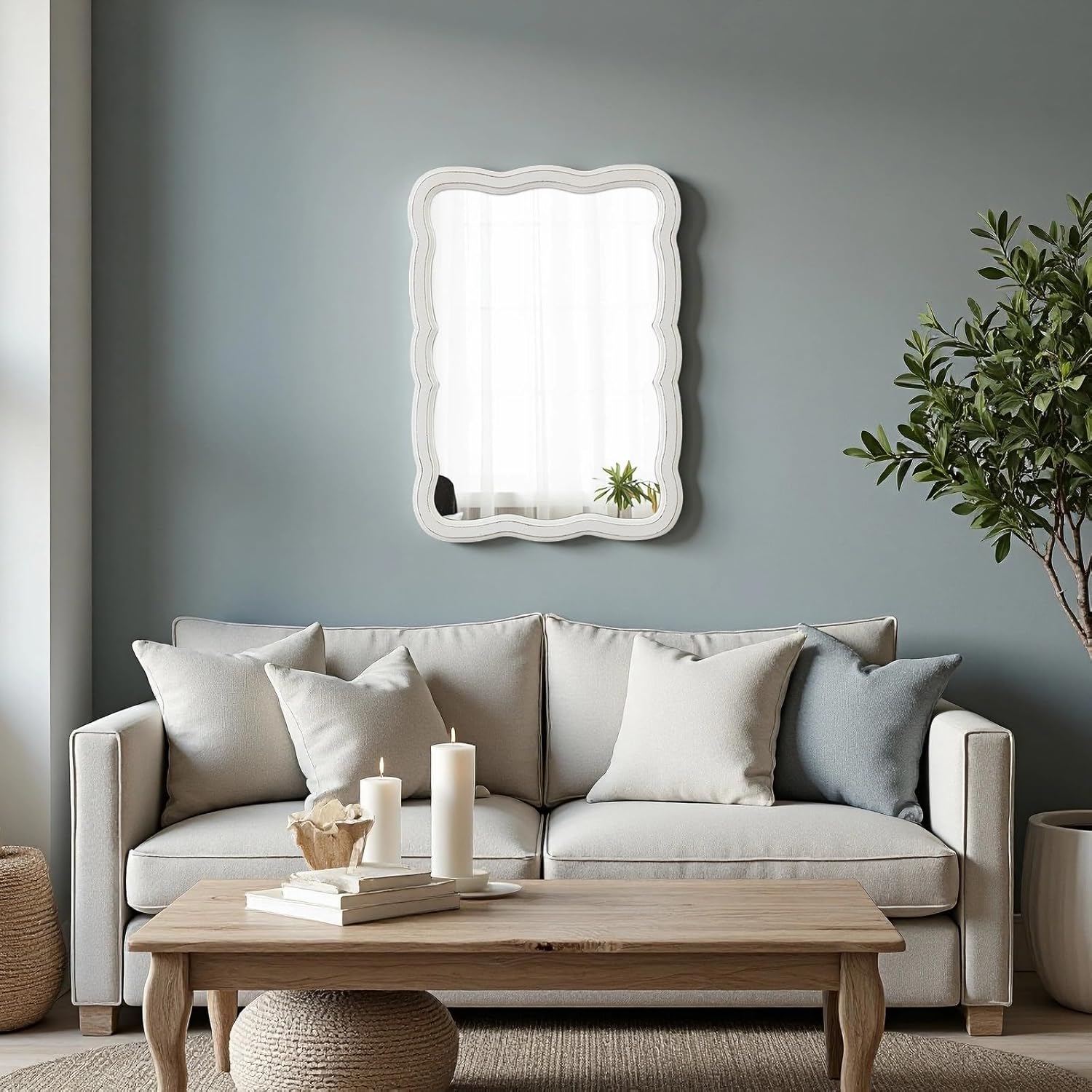 Farmhouse Decorative Scalloped Rectangular Wall Mirror 22 X 30 Inch, Hanging Distressed White Wooden Framed Vintage Wavy Bathroom Mirror Over Sink, Horizontal or Vertical