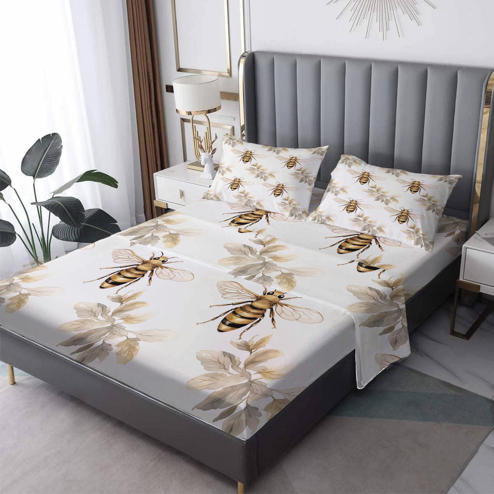 Fizzenobia Bee Sheets Full Size & Bedroom Decor - Cute Bumble Bee Bed Sheets - Soft Breathable Microfiber Deep Pocket Patterned Bedding Sheets &