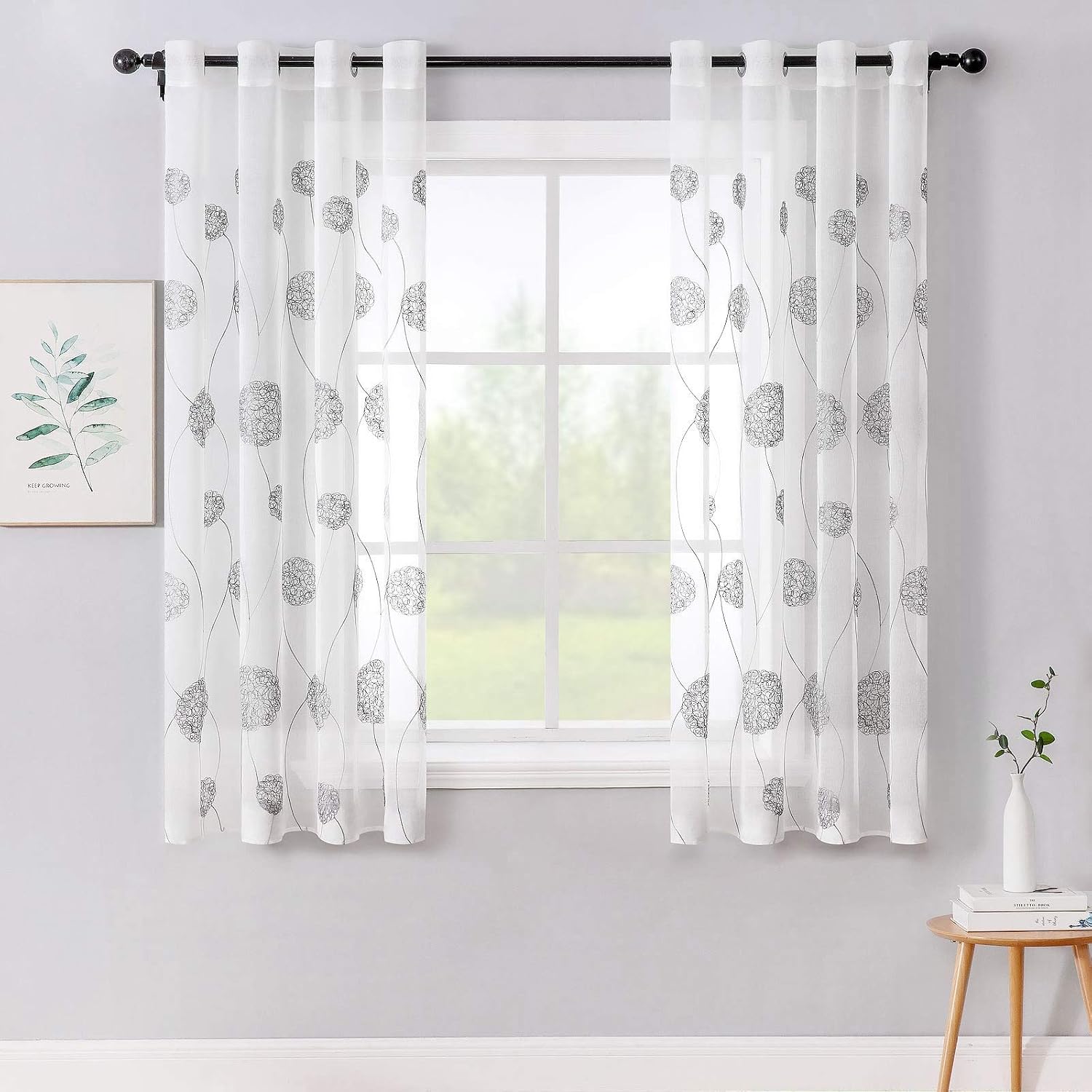 MIULEE Embroidery Sheer Curtains Flora Design Grommet Window Curtain Semi Voile Drapes Panels with Eyelets Window Treatments for Living Room Bedroom 2 Panels 55" W x 69" L Grey