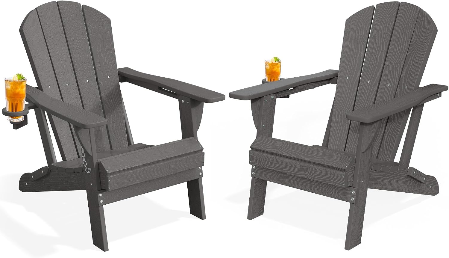 Folding Adirondack Chair Set of 2, Hdpe All-Weather Patio Chairs with Cup Holder, Wooden Textured Fire Pit Chairs, Outdoor Chair for Poolside, Backyard, Deck（Grey）