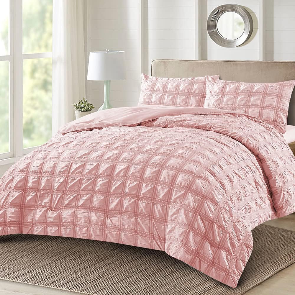 Ashley Mills 3 PCs Seersucker Comforter Set, 1 Comforter 86" x 86", 2pcs Pillowcase:20"x30",Baffle Box Design Comforter Set, Queen, Pink