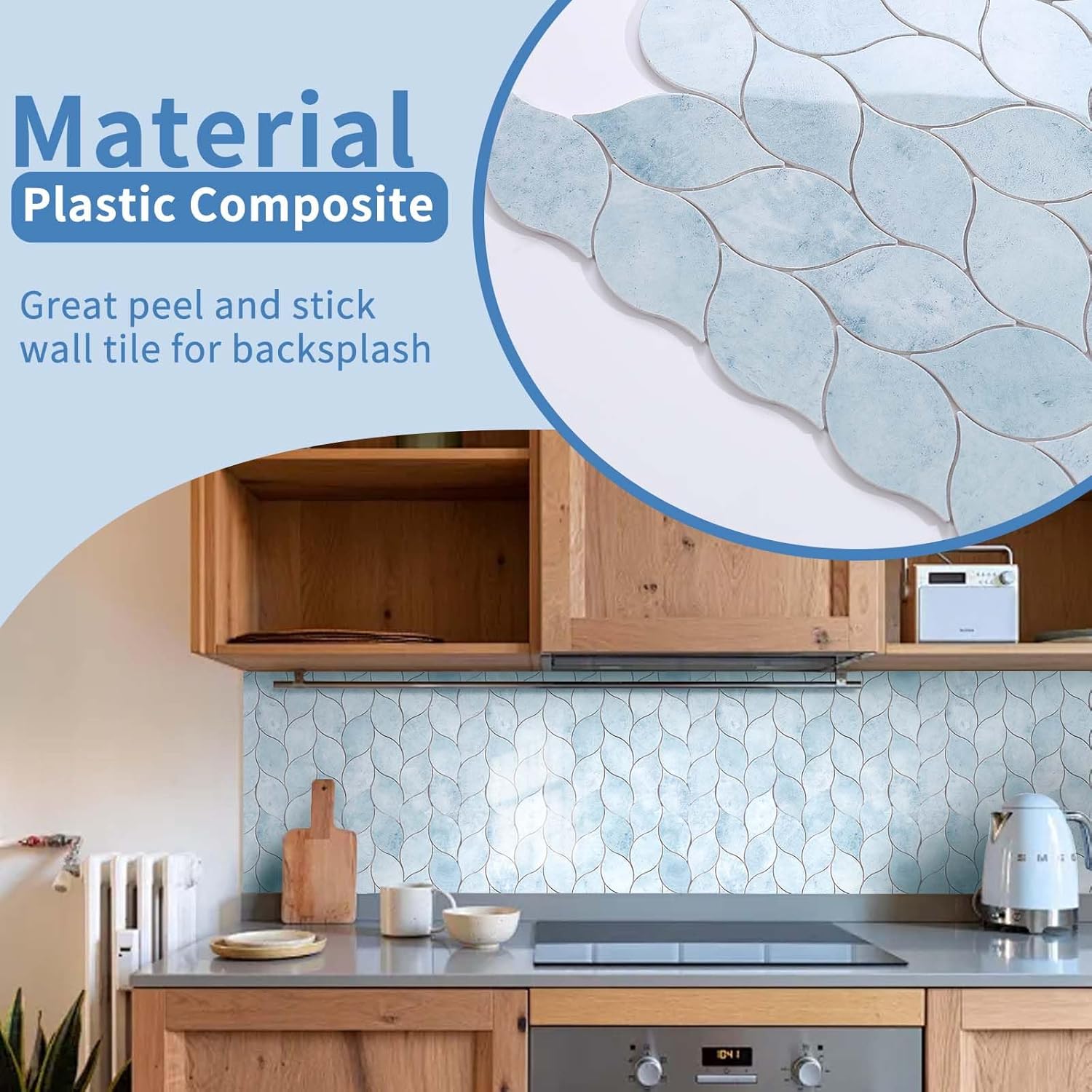 Tilingview 10-Sheet Peel and Stick Backsplash Tile for Kitchen, Self-Adhesive Mosaic Glossy Leaf Stick on Wall Tile with Gaps (Pastel Blue)