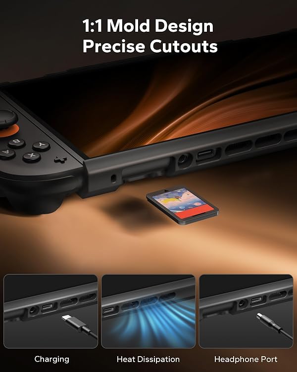 JEMDO Switch 2 Dockable Protective Case Compatible with Nintendo Switch 2, Military-Grade Slim Cover with Shockproof Hard PC Shell and TPU 180° Foldable Grip, 2 Game Card Slots & 6 Thumb Caps, Black by JEMDO - Image 7