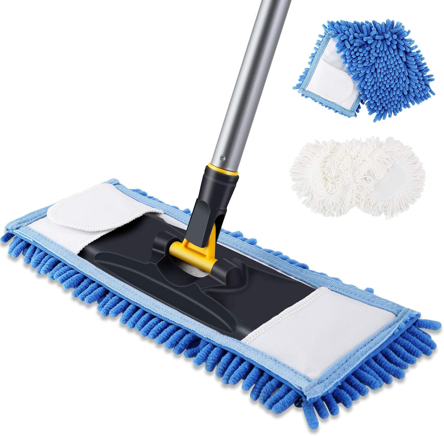 Yocada Dust Mop Dual-Action Microfiber Mop with 1 Chenille 1 Cotton Mop Pad Washable Wet and Dry for Hardwood Ceramic Marble Tile Laminate Home Kitchen Floor Cleaning