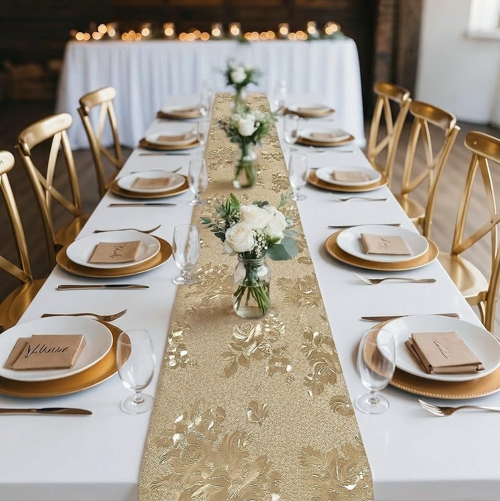 FAVE Gold Table Runner for Rectangle Tables, 120 Inch Heat Resistant Runner with Flower, Waterproof, Stain Resistant, Reusable for Daily Use Parties and Banquet(Gold Rose, 12x120)