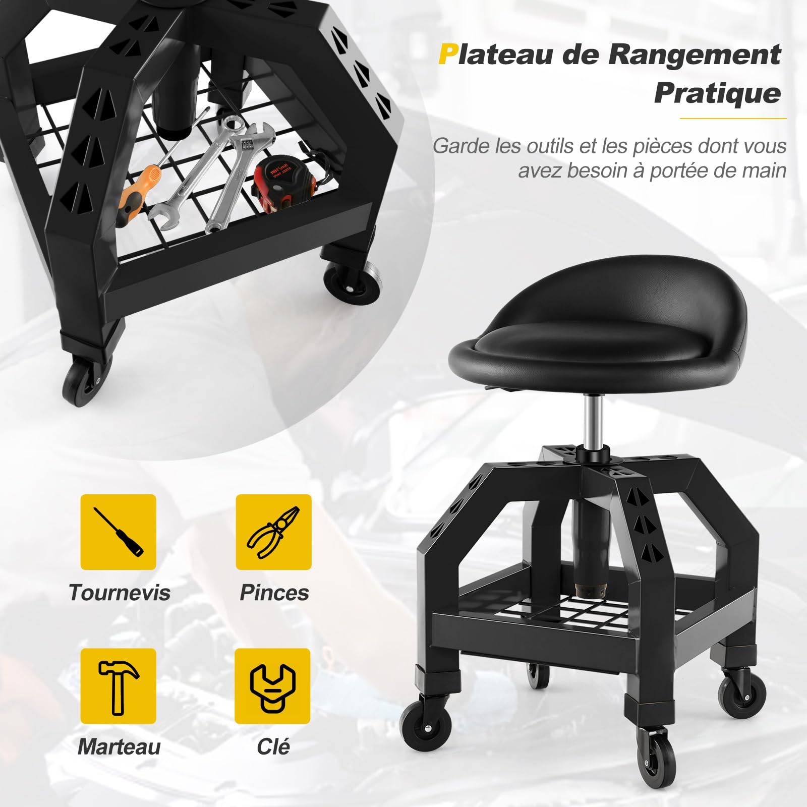 GYMAX Tabouret d'Atelier à roulettes, avec Porte-Outils, Siège Réglable en Hauteur 57-70cm et Pivotant à 360°, Rembourrage d'Éponge Confortable, pour Usine, Garage, Réparation, Mécanicien (Noir)