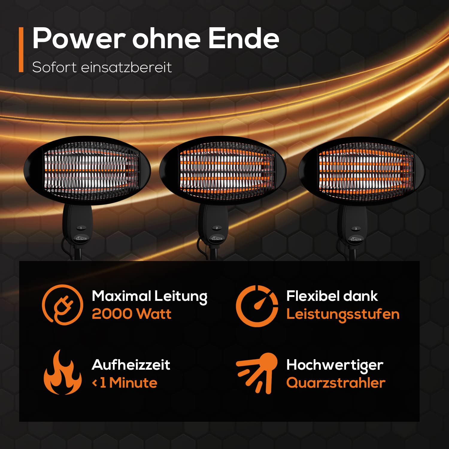 Tronitechnik® Infrarot Heizstrahler 2000 Watt Standheizer Terrassenheizer Terrassenstrahler Wärmestrahler für die Terrasse, Wickeltisch-Strahler, schwarz, Innen & Außen, höhenverstellbar, neigbar