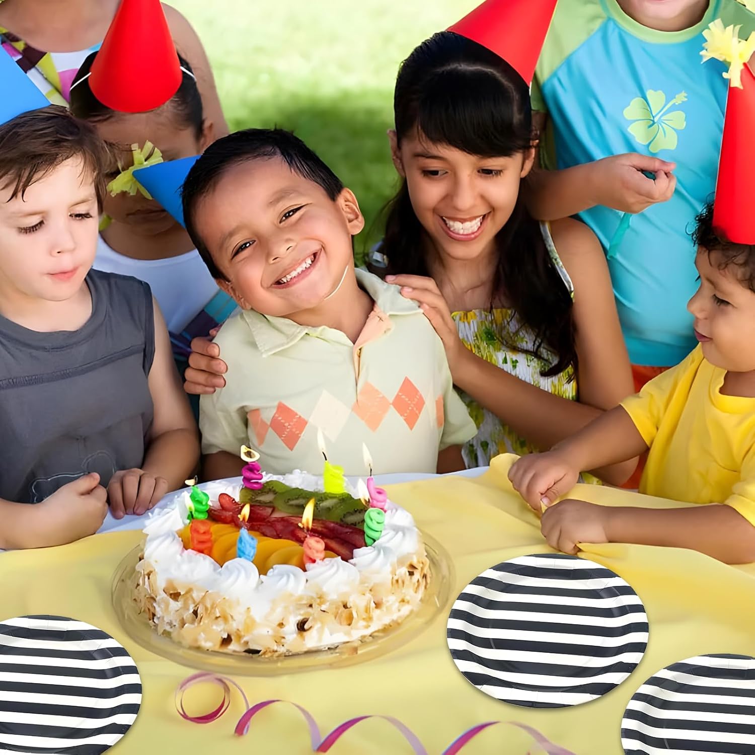 Black Striped Paper Plates 72pcs - 9inch Round Party Plates for Dessert, Cakes, Fruits