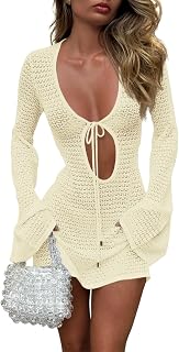 Saodimallsu Womens Crochet Swimsuit Cover Up Long Bell Sleeve V Neck Tie Mesh Knit Summer Beach Dress Vacation Outfits