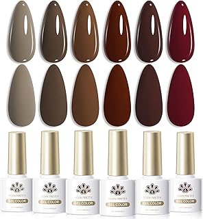 Born Pretty Fall Winter Gel Nail Polish Burgundy Wine Red Caramel Brown Coffee Autumn Gel Polish Set Gel Nail Kit Nail Art Manicure Collection 6PCS 7ML