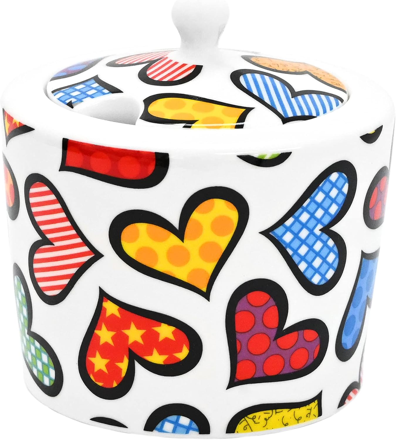 Britto Bone China Sugar Bowl with Lid, 10.4 oz, Hearts, Colorful Artwork Design - Coffee Bar Accessories, Seasoning Pot Box, Ceramic Salt Pepper Organizer, Farmhouse Kitchen Decor