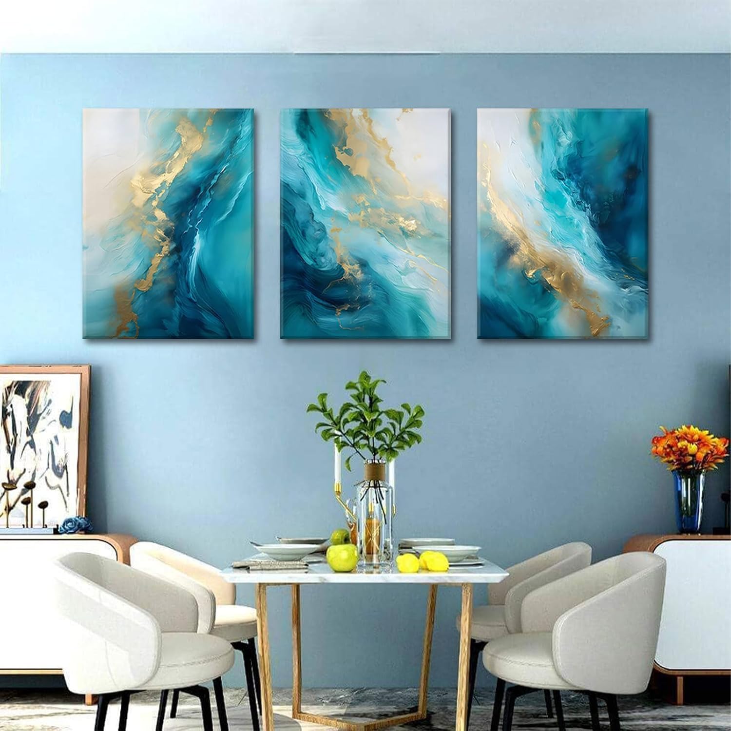 Teal Gold Canvas Wall Art Set of 3 Abstract Aqua Blue Gold Marble Fluid Wall Decor Pictures Neutral Modern Minimalist Posters Prints for Living Room Bedroom Home Decoration 16x24in