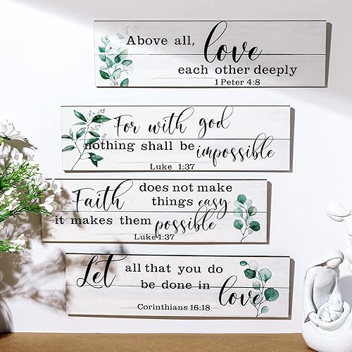 Miniatura 2 de Yulejo 4 piezas de versículos bíblicos para decoración de pared, salmos escrituras, letrero cristiano de madera, arte de pared rústico, decoración