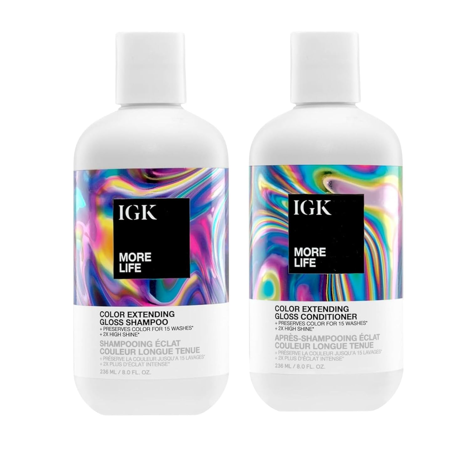IGK Shampoo & Conditioner - MORE LIFE - Hair Color Extending Set - Adds Shine, Reduce Color Loss, Deep Cleansing Haircare Bundle - 2 Bottles - 8 fl oz each