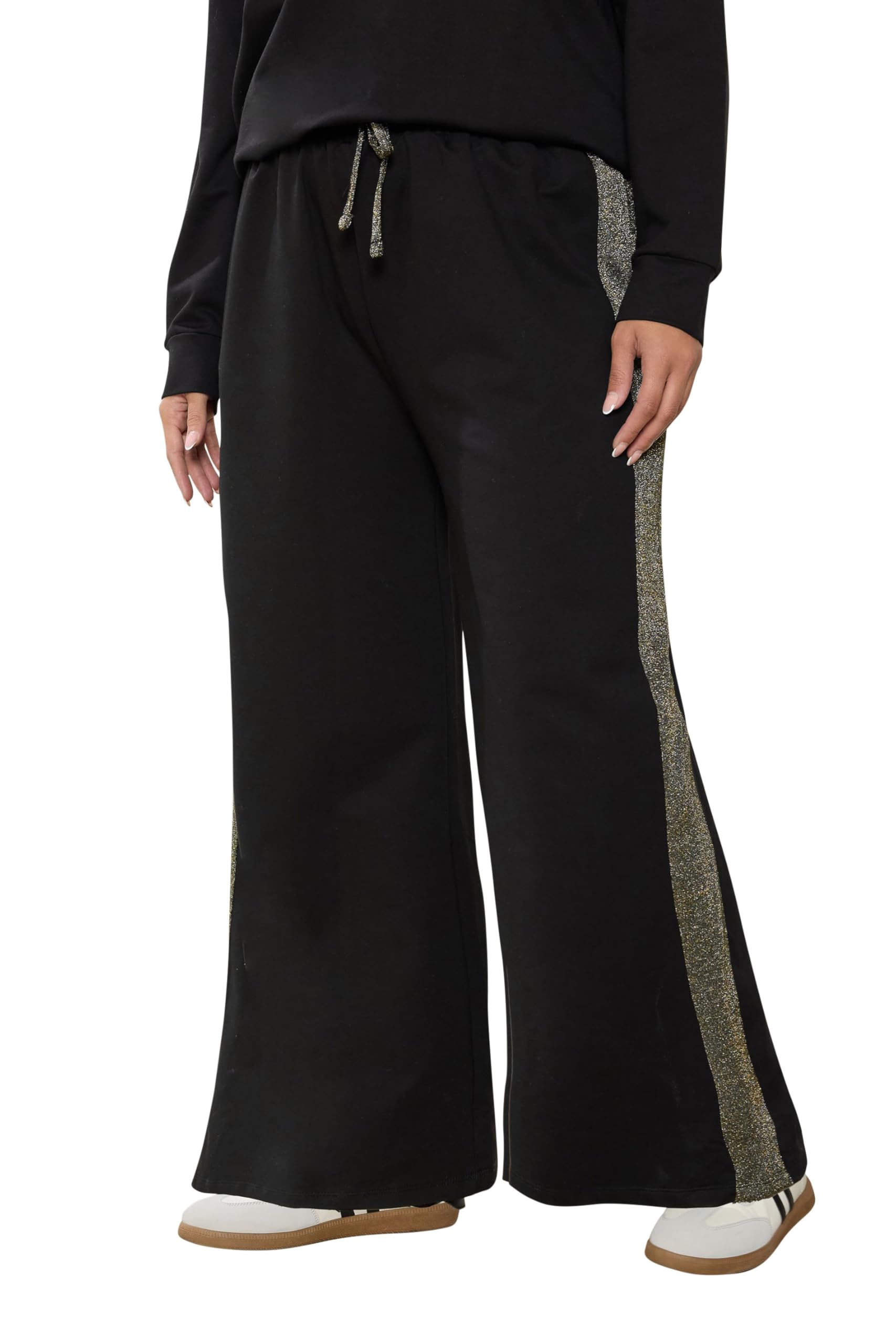 Yours Women's Black Shimmer Side Stripe Wide Leg Joggers In | Size: 20