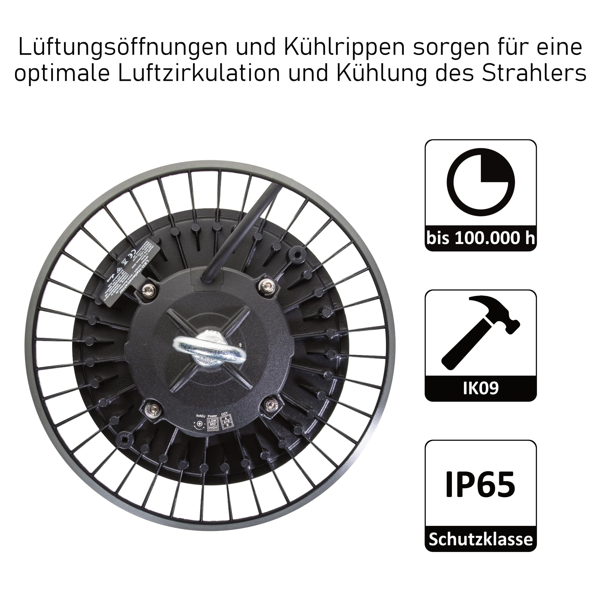 LED Hallenstrahler 200/160/120W HighBay, 174 lm/W 4000/5000/5700K | Leistung & Lichtfarbe einstellbar, Abstrahlwinkel 90°, blendarm, UFO Hallenleuchte, Industrielampe, 5-Jahre Garantie
